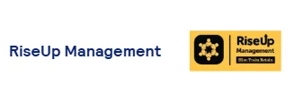RiseUp Management logo featuring dark blue text and a yellow rectangular icon containing a black graphic of figures in a circle.