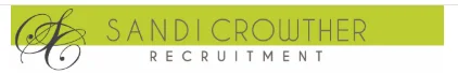 Sandi Crowther Recruitment logo featuring an ornate "SC" cursive monogram on the left and grey typography against a lime green banner.