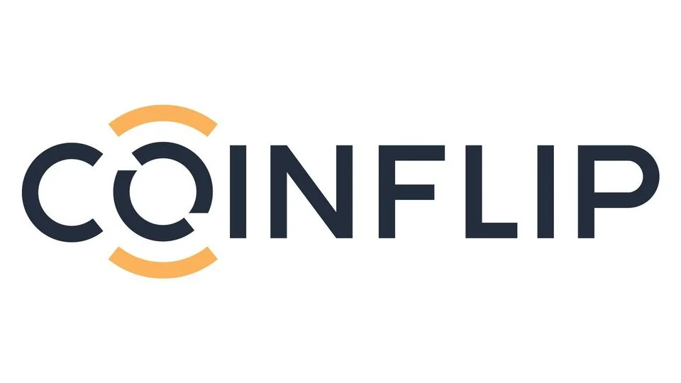 CoinFlip corporate logo featuring a stylized "O" with orange brackets and bold black typography.