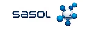 The official Sasol logo featuring the brand name in lowercase blue letters next to a stylized molecular globe icon made of blue and light blue spheres.