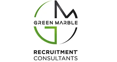 The official logo for Green Marble Recruitment Consultants featuring a stylized circular emblem composed of green and black "G" and "M" letterforms.
