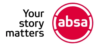 The official Absa logo featuring the brand name in lowercase white letters inside a solid red circle with a white border, accompanied by the slogan "Your story matters" in black text.