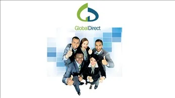 High-angle shot of a diverse group of five smiling professionals in business attire giving a thumbs-up, positioned beneath the Global Direct corporate logo and a blue pixelated graphic background.