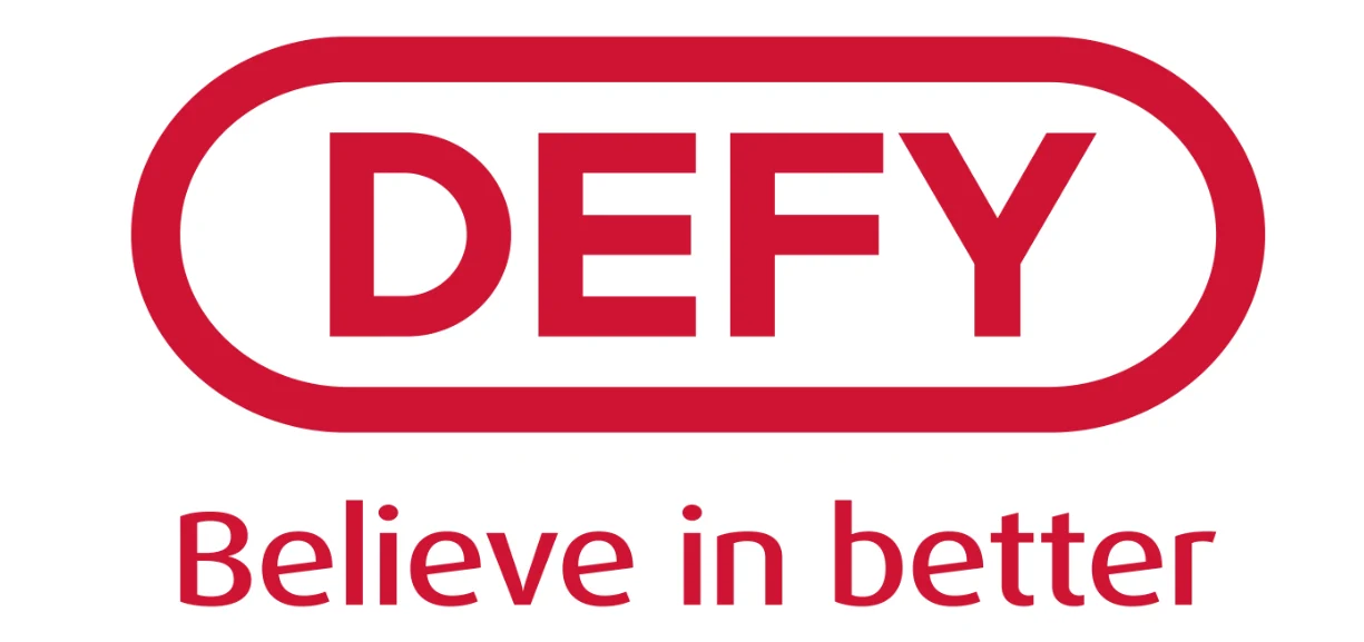 The red Defy logo featuring the word "DEFY" enclosed in a rounded oblong border, with the tagline "Believe in better" underneath, set against a white background.