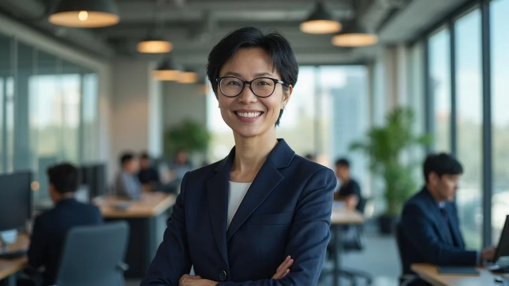 n Asian businesswoman with short dark hair and glasses standing confidently with arms crossed in a modern open-plan office.