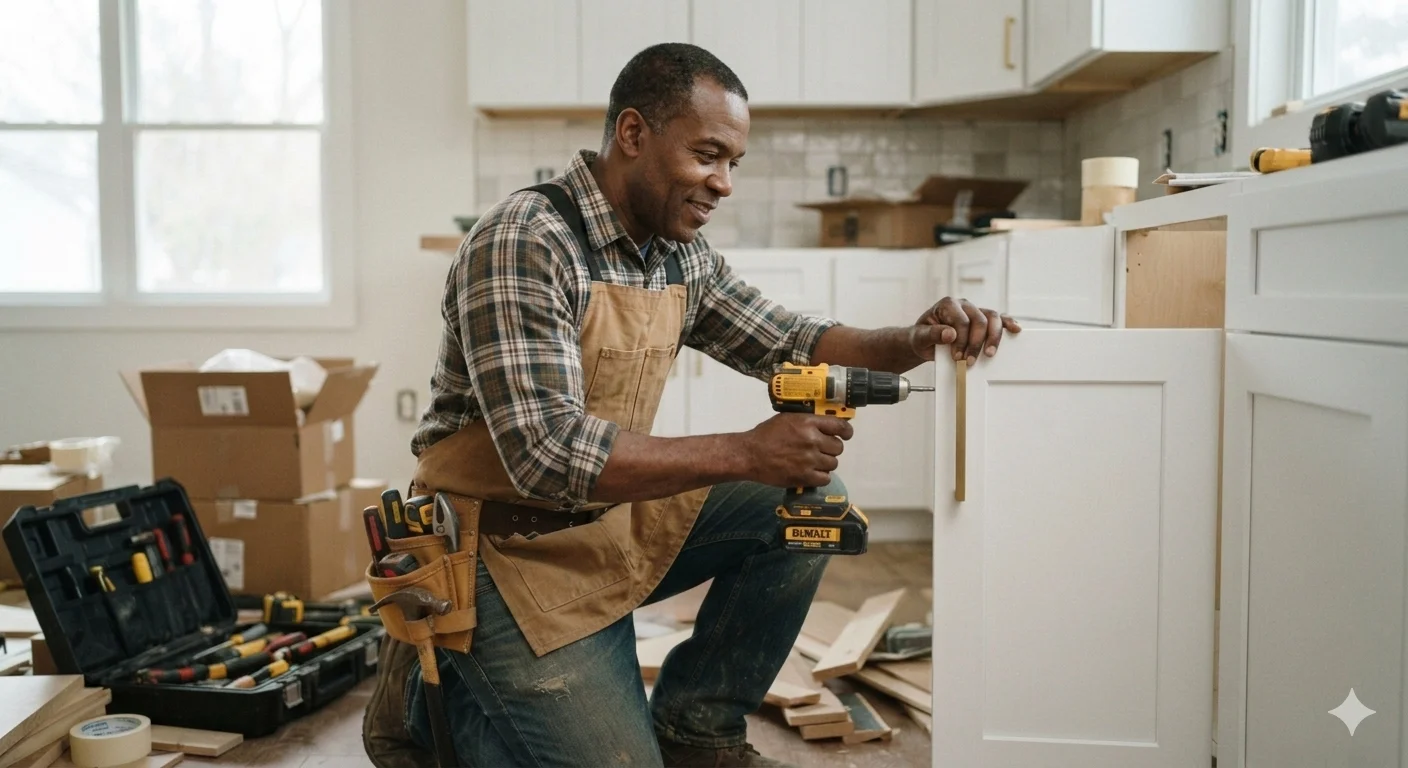 A smiling Black carpenter wearing a plaid shirt and tool apron kneeling while using a cordless drill to install a handle on a white kitchen cabinet door.